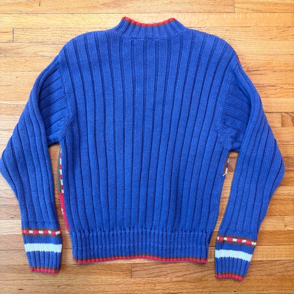 Vintage 90s Blue Chunky Knit Patchwork Embroidered Fall Winter Sweater - Picture 5 of 8